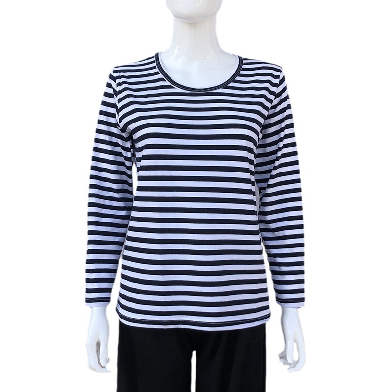 A generation of hair middle-aged and elderly women's spring long sleeve T-shirt round neck cotton loose striped bottoming shirt for the elderly