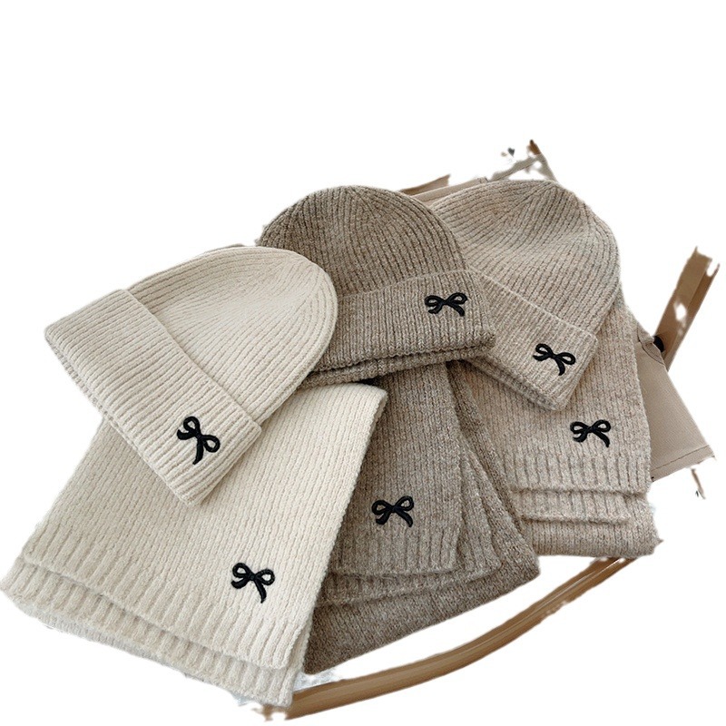 ~ Korean cute bow embroidery children's knitted hat scarf 2-piece solid color girl baby all-match set