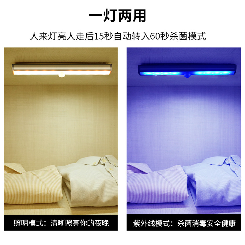 Customized Cross-Border Home Uv Sterilization Lamp for Wardrobes and Shoe Cabinets, Human Body Sensor Strip Light, USB Rechargeable Wall-Mounted Type