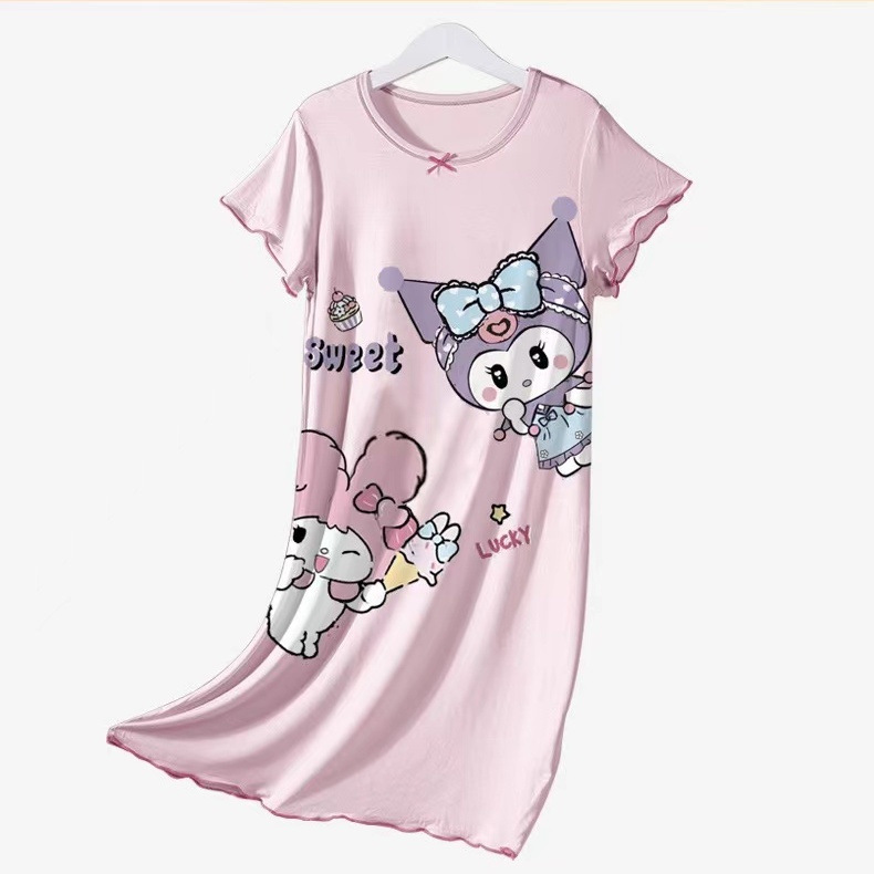 Children's Pajamas Girls' Nightgown Thin Ice Silk Summer New Princess Style Cartoon Pajamas Cute Casual Home Clothes