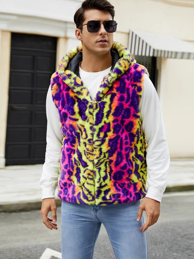 F0780 Amazon Autumn and Winter New Fashion Men's Warm Vest Imitation Fur Leopard Contrast Plush Vest