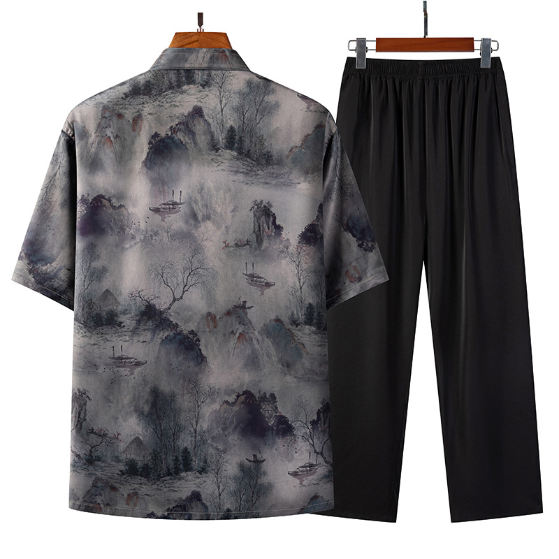 Tang suit male middle-aged and elderly father summer short-sleeved grandpa summer suit elderly Chinese style grandpa clothes 70 years old