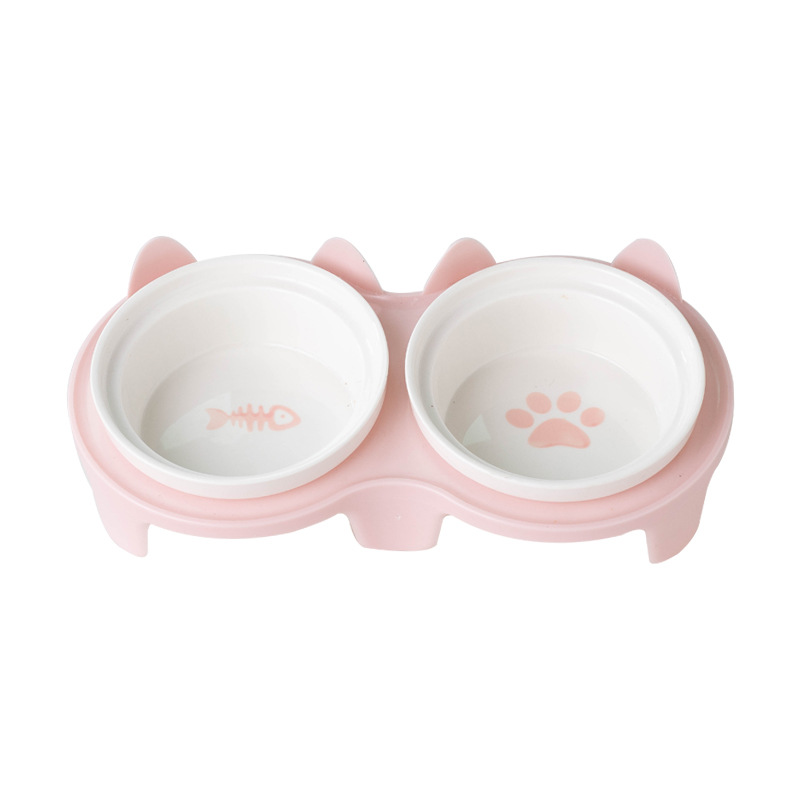Cat Bowl Ceramic Double Bowl Water Bowl Protection Cervical Spine High Foot Oblique Cat Food Bowl Drinking Bowl Pet Bowl Pet Supplies