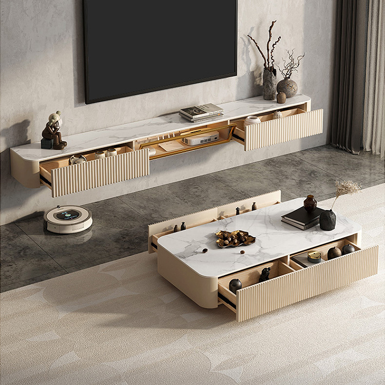 Light Luxury Rock Board Suspended TV Cabinet Coffee Table Combination Modern Simple Small Apartment Integrated Suspended Wall-mounted