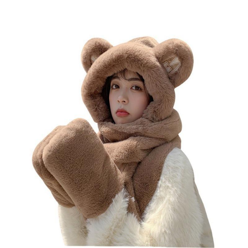 Bear Hat with Fleece Lining, Thick Plush Hat for Women, Winter Hat and Scarf Set, Cute and Versatile Three-Piece Set