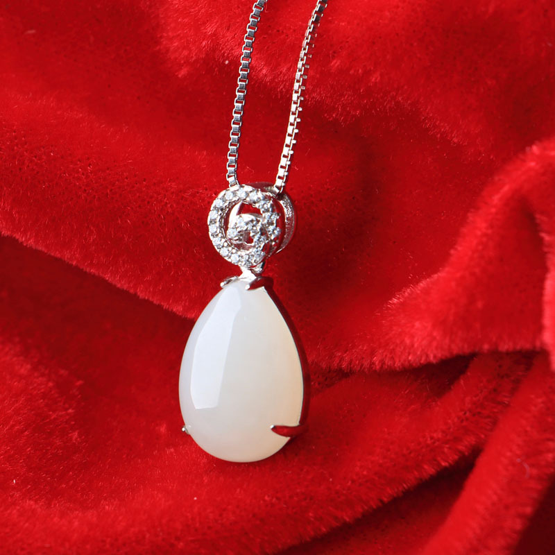 925 silver inlaid hetian jade pendant white jade water drop rose gold inlaid jade ladies necklace ring earrings wholesale