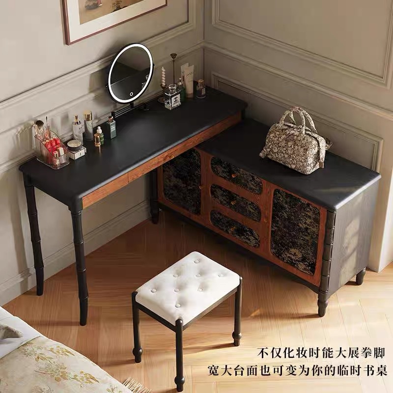 French Retro Bedroom Solid Wood Double Bed Antique High Back Bed Dressing Table Integrated Telescopic Cabinet Designer
