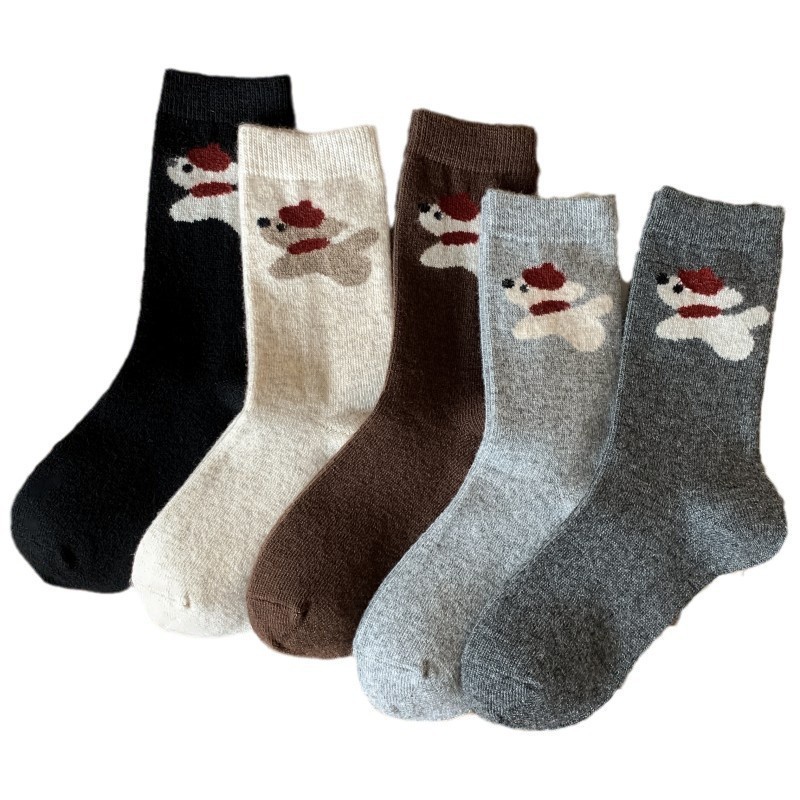 Wool Socks Autumn and Winter Mid-Calf Socks Japanese Style Warm Thick Socks Cute Cartoon Neck Warmer Puppy Seamless Coffee Color Women's Socks