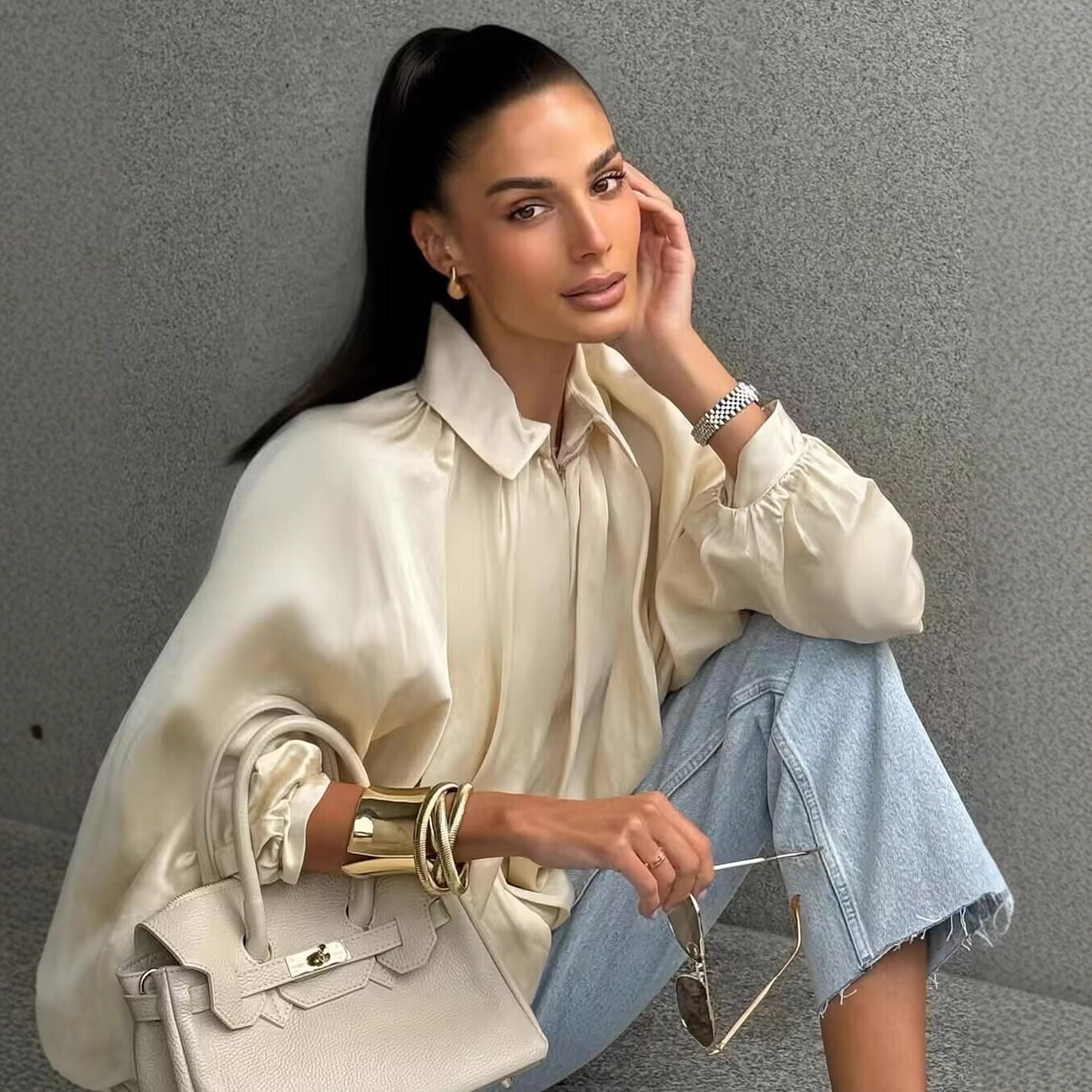 ZA кросс-бордерная внешняя торговля 2025 весной новая мода свободная куртка с пышными рукавами