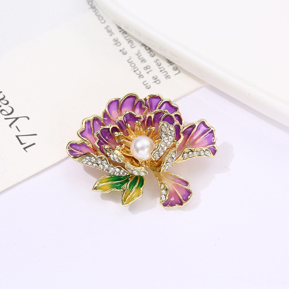 Chinese Style Enamel Peony Flower Brooch Advanced Pearl Corsage Cheongsam Pressage Break-proof Pin for Women's Clothing