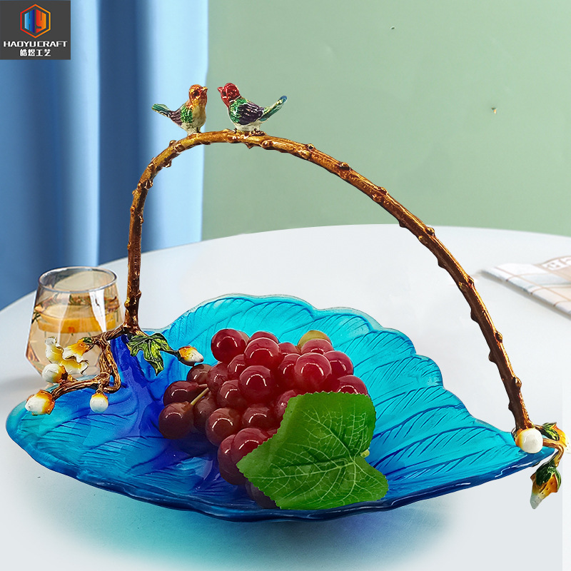 European Style Luxury Enamel Color Fruit Basket American Style Villa Model Room Fruit Plate Ornaments Glazed Banana Leaf Decorative Tray