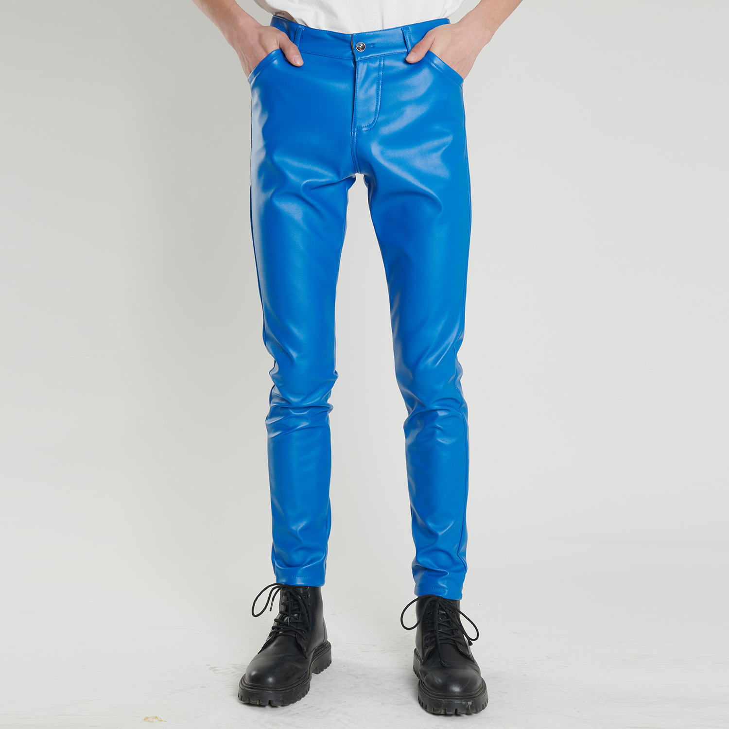 Cross-Border Young and Middle-Aged Leather Pants Men's Elastic Slim Green Blue Dance Performance Bar Brown Barber Salon Trendy and Cool
