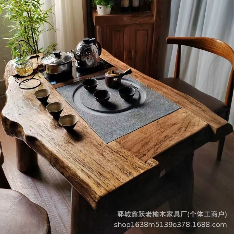 Small Tea Table Elm Tea Table and Chair Combination Solid Wood Special-Shaped Tea Table Wabi-Sabi Style Office Tea Table Small Bench