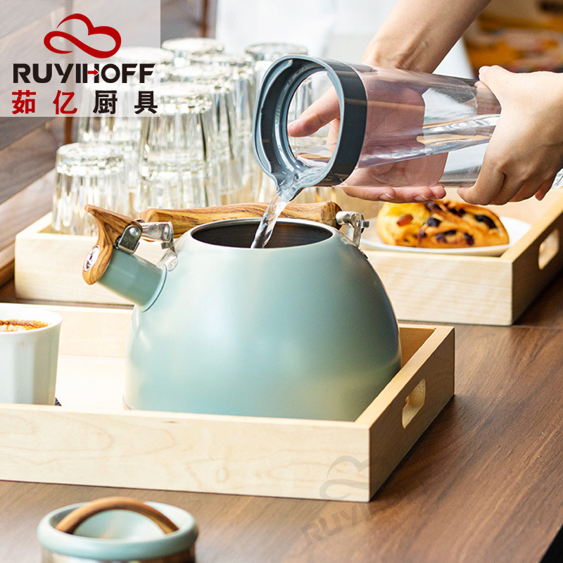 Cross-border New Light Green Spray Paint Sound Kettle Tea Coffee European and American Siren Kettle 3L Light Luxury Kitchenware Flat Bottom