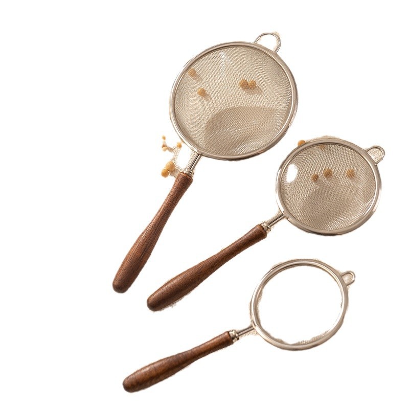 Wooden handle 304 stainless steel small colander soybean milk juice tea residue filter screen sieve baking tools flour sieve oil filter spoon