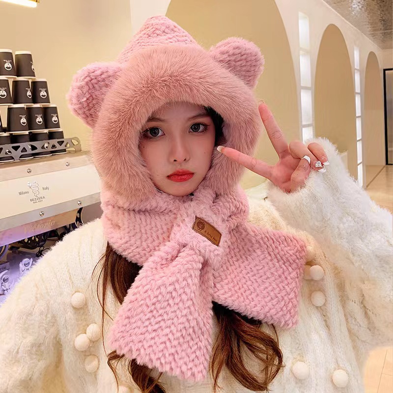 Winter new hat thick warm bear hat scarf one two-piece fashion cute plush neck cap