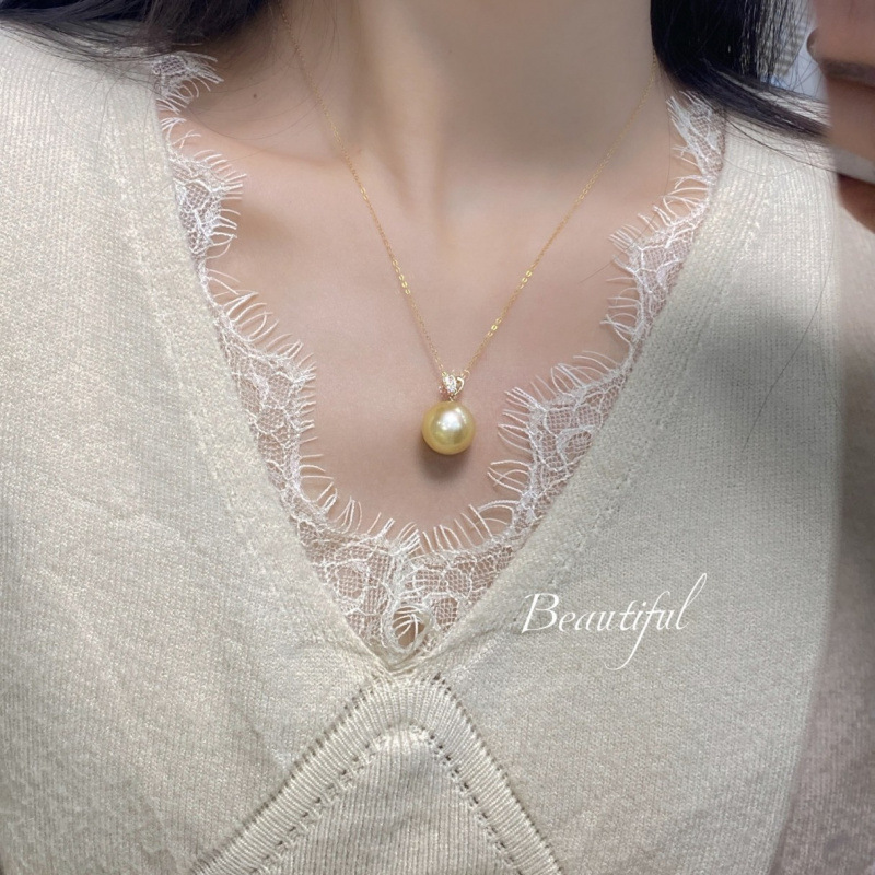 G18K Thick Gold Heart Sea Water Pearl Pendant 13-14mm Sea Water South Sea Gold Beads