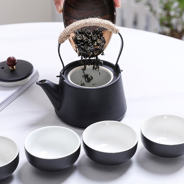 Frosted Black Teapot Ceramic Teapot Tea Set Home Kung Fu Tea Set Chinese Retro One Pot Four Cups Gift