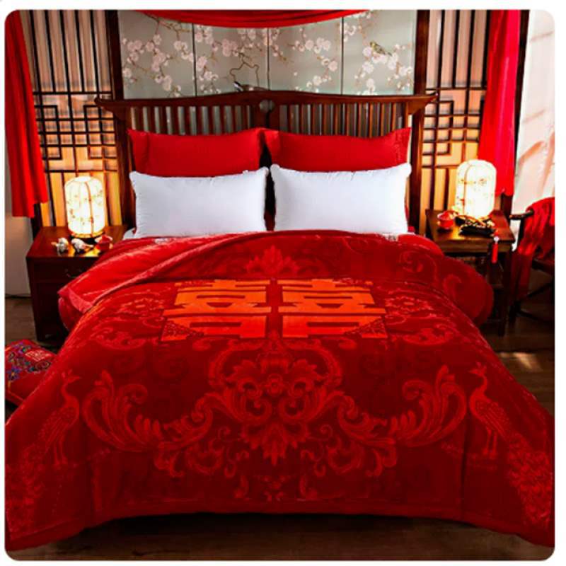 Happy Word Cloud Blanket Wedding Blanket Wedding Big Red Blanket Accompanying Wedding Happy Quilt Double Layer Thickened Winter Gifts