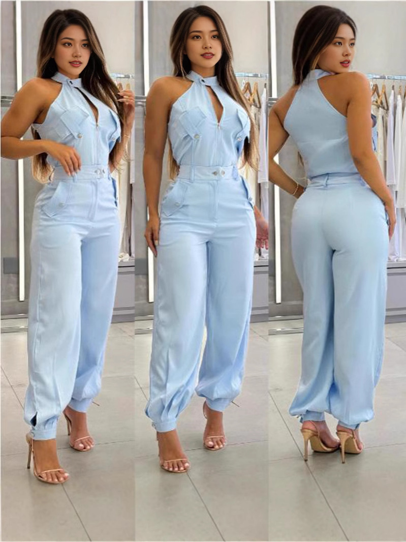 Amazon Europe and the United States cross-border new women's summer sexy neck top casual overalls two-piece suit women