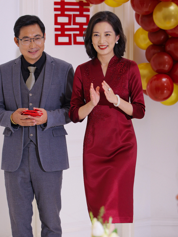 Triacetate Satin Mother-In-Law Toast Dress Wedding Mother's Dress Stylish High-Waisted Slim Mid-Length V-Neck Popular Autumn