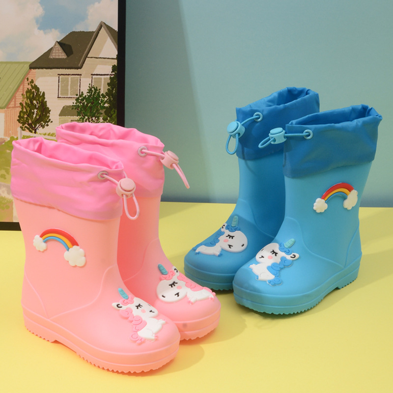 Cross-Border Ready-Made Children's Rain Boots for Girls, Velvet-Lined Boys' Non-Slip Water Shoes, Four-Season Cartoon Cute Rain Boots for Children