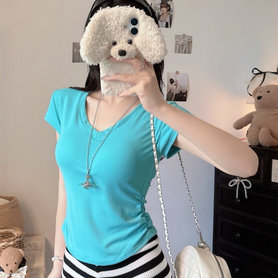 5125 # Pure Desire V-Neck Right Shoulder Short-Sleeved T-Shirt for Women in Summer Slimming Look Design Pleated Waist Short Top