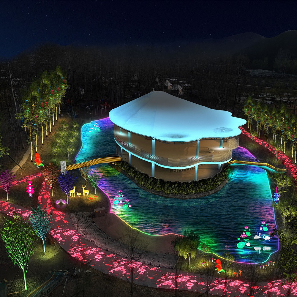 Схема освещения для туристической зоны (парка), проект освещения, схема эффекта освещения, праздничные огни