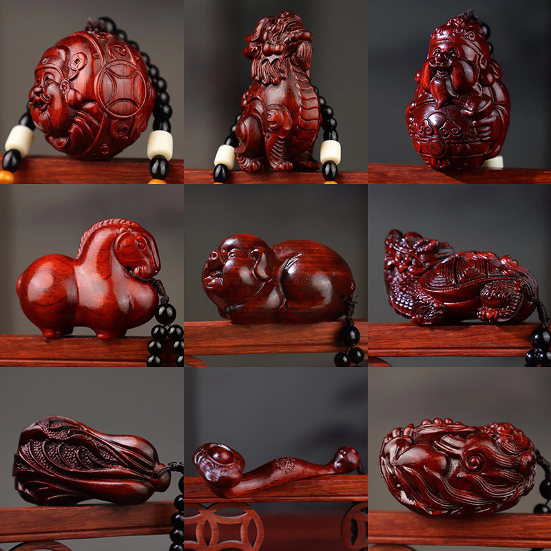 Small-Leaf Red Sandalwood Handle Piece, Fortune Pendant, Pixiu Toy Piece, Wen God of Wealth Pendant, Wooden Toy Crafts Wholesale