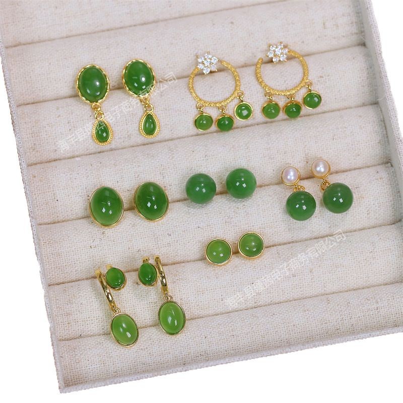 S925 Silver Body Silver Ornaments Inlaid with Natural Jasper Earrings Earrings Earrings Earrings Earrings Earrings Round Beads Ladies Live Supply