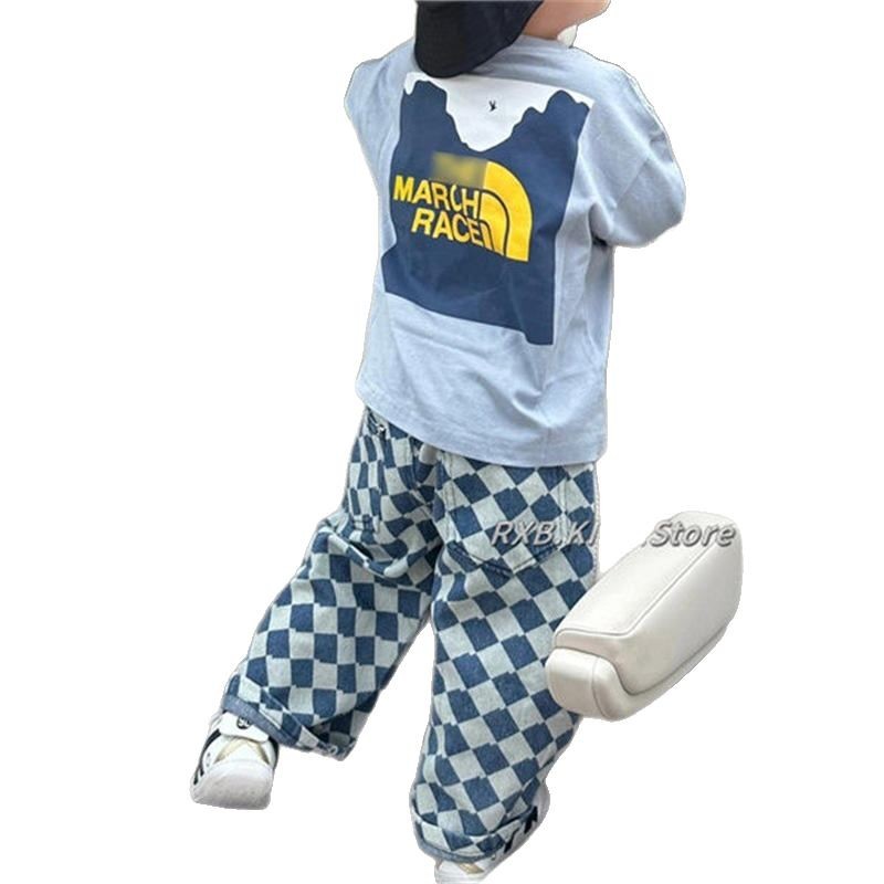 Children's Clothing Autumn Set 2025 New Korean Style Fashionable Baby Kidsren's Sweatshirt Boys and Girls Plaid Sweatpants Two-Piece Set