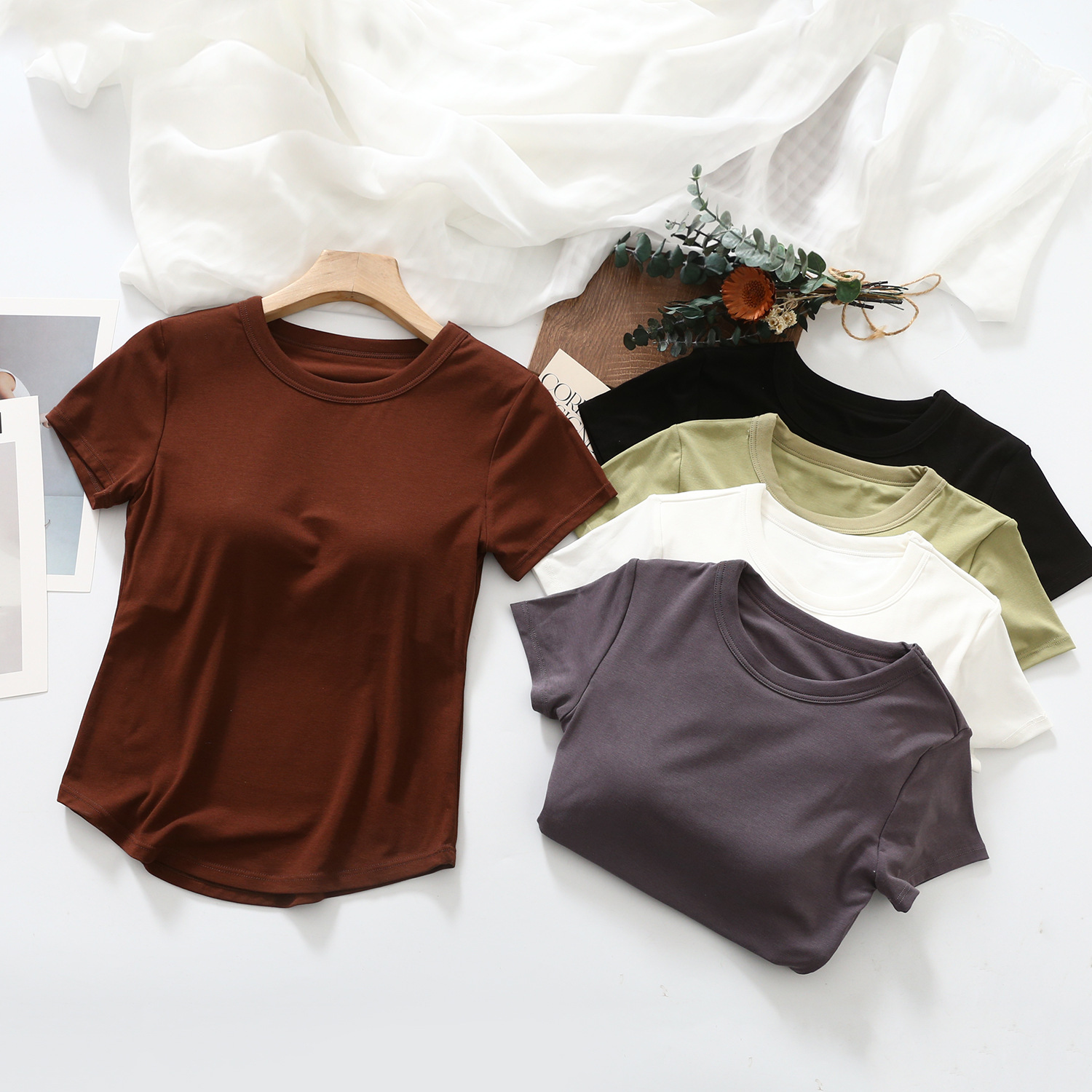 Spring and Summer Short Sleeve with Chest Pad Cup One-piece Base Shirt Threaded T-shirt with Pleated Fishtail Inner Wearing Outer Wearing Half Sleeve