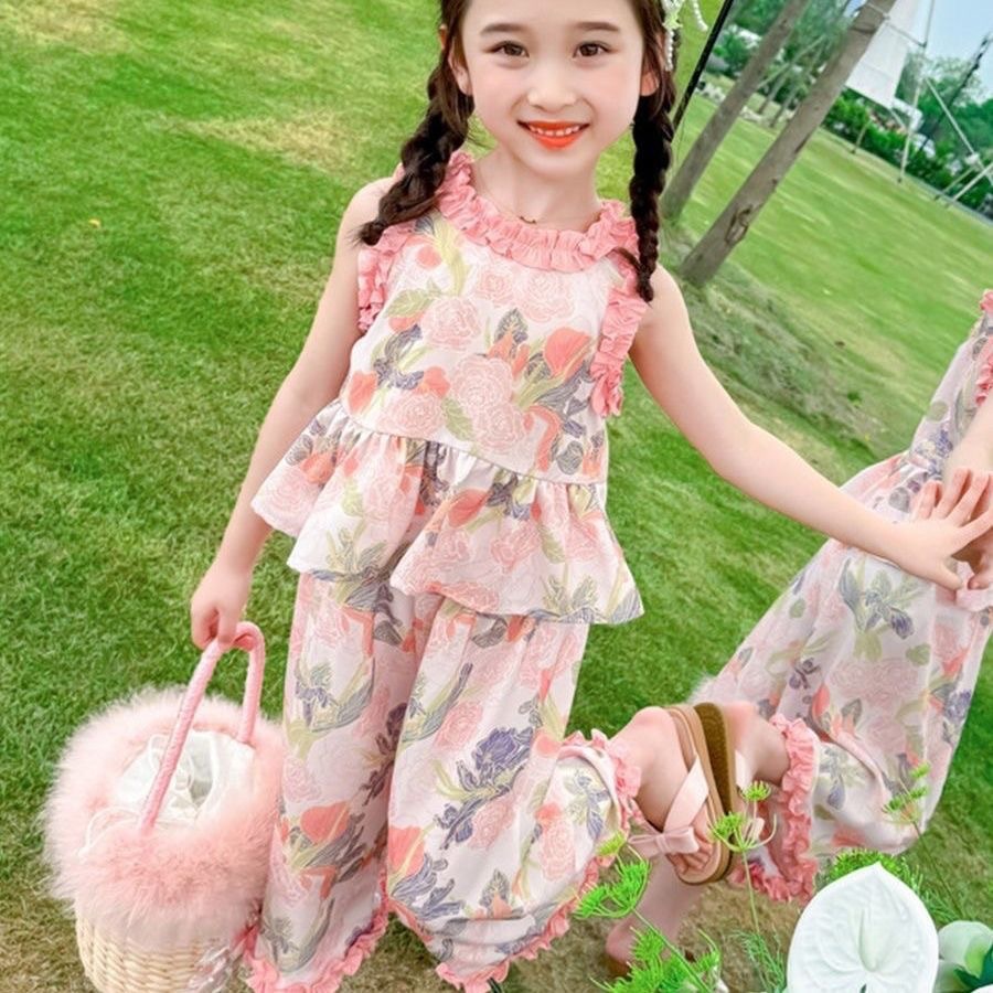 Girls' Floral Lightweight Outfit 2025 Baby Summer Vest and Wide-Leg Pants Two-Piece Set Children's Fashionable Summer Clothing for Toddlers