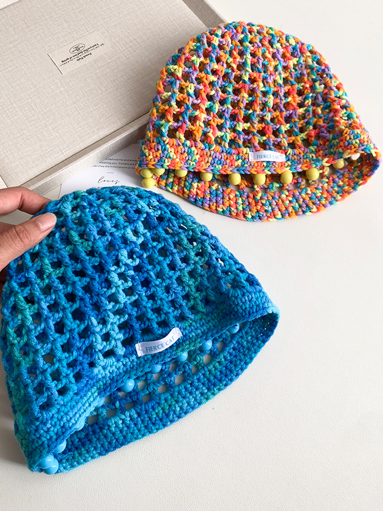 Colorful Dopamine Beaded Hollow Knitted Hat for Women Summer 2025 New Thin Breathable Face-Showing Small Toe Cap