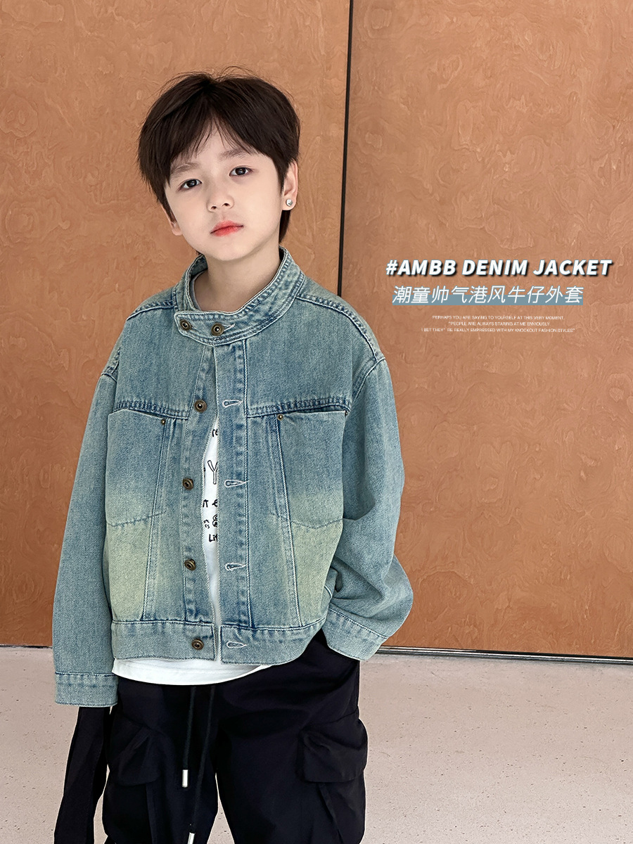 Эмо Бэйбэй, модное джинсовое пальто для детей, стильный короткий воротник, повседневный топ для мальчиков и девочек
