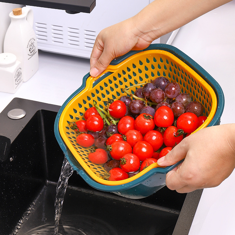 Factory Direct Drain Basket Six-piece Household Contrast Color Filter Basket Plastic Double-layer Kitchen Fruit and Vegetable Cleaning Drain Basket