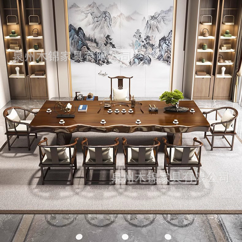 Large board solid wood tea table full set household new Chinese log 3 M whole board Tea Table Office negotiation tea table