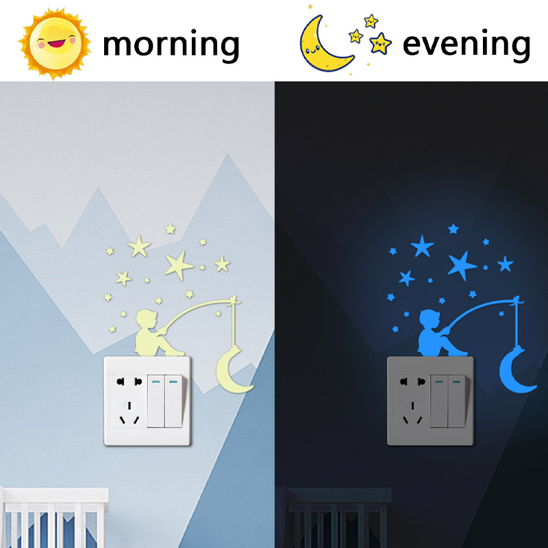 Cross-border explosions luminous fluorescent boy fishing Moon cartoon decoration switch self-adhesive stickers wholesale PVC removable