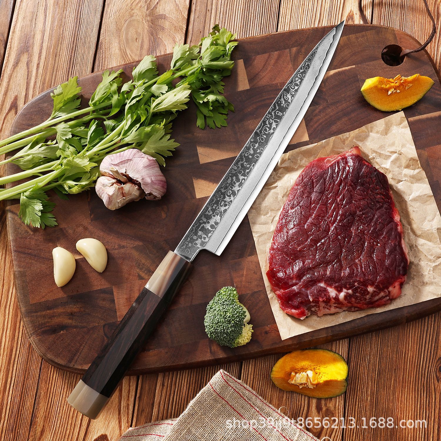 Japanese style kitchen knife with double horn handle knife Japanese style Damascus steel willow blade first pill knife for sushi slicing knife