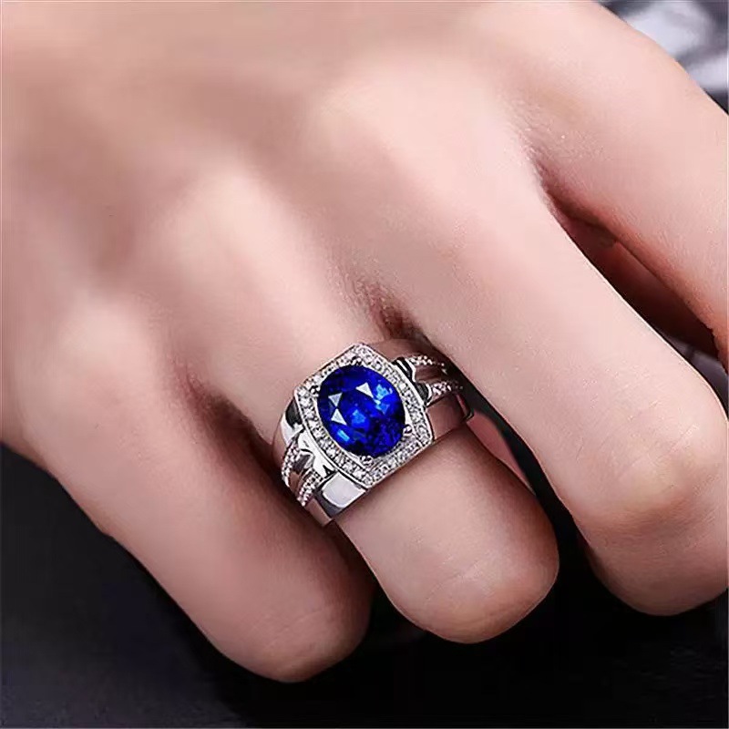 Hot Sold to Diamond Blue Diamond Men's Ring Myanmar Imitation Natural Sapphire Ring Plating 18K Gold Inlay Popular Ring