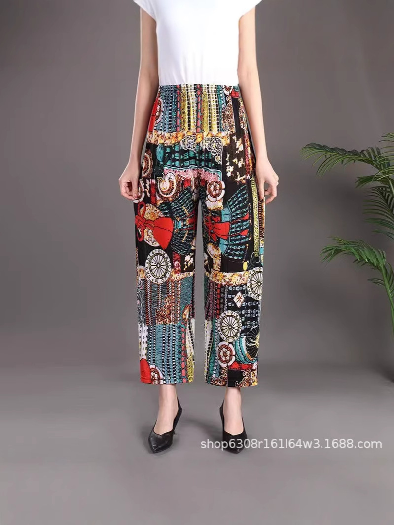 Middle-aged and Elderly Women's Flower Pants Summer Ice Silk Nine-point Thin Casual Middle-aged and Elderly Plus Fat High Waist Loose Anti-mosquito Mom Pants