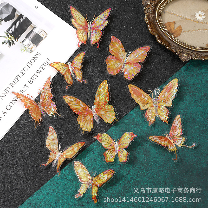 YW gold stamping butterfly hot glass broken series PVC waterproof stickers 3D laser DIY decorative material stickers