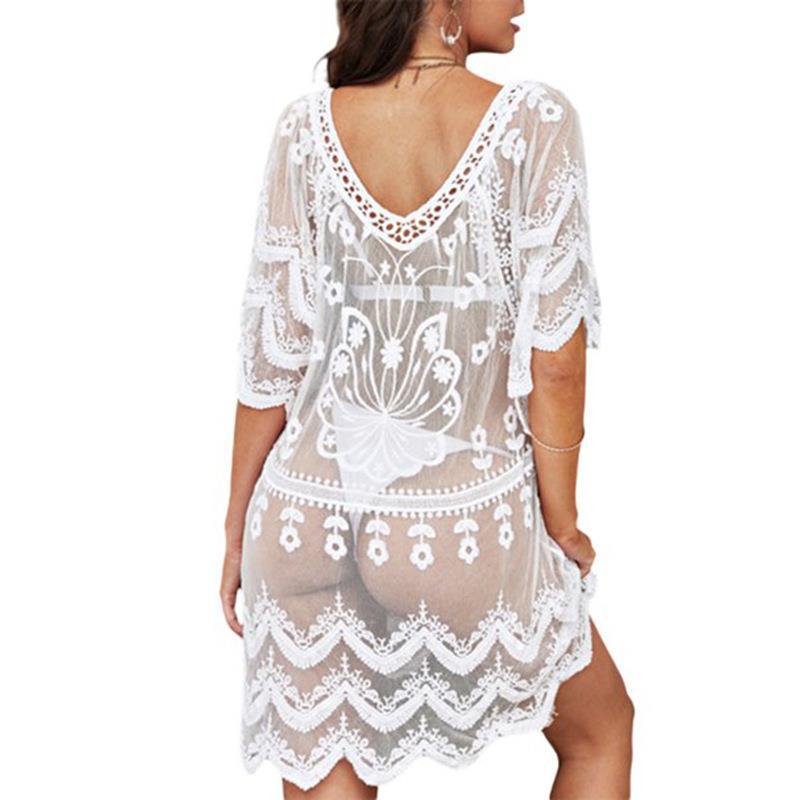 European and American beach vacation sun protection Women's loose mid-length pullover dress water soluble lace shirt bikini blouse
