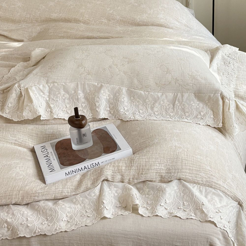 French Elegant Quilt Cover Lily of the Valley Bed Bed Sheets Lace Four-Piece Set Class a Rustic B&B Quilt Cover Cotton and Linen Song