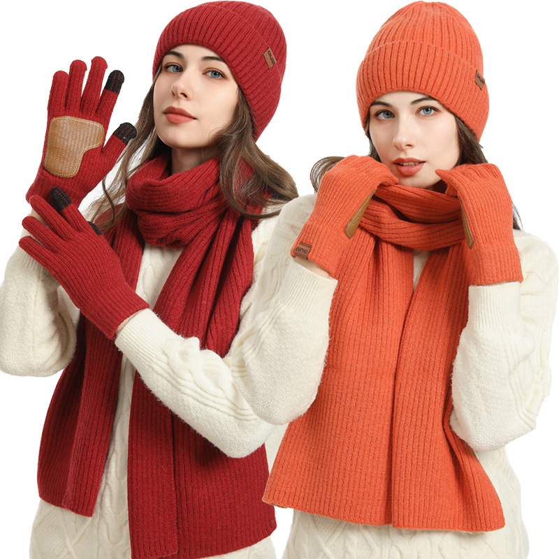 Foreign trade new European and American cross-border Amazon winter women's wool hat scarf gloves leather non-slip three-piece set