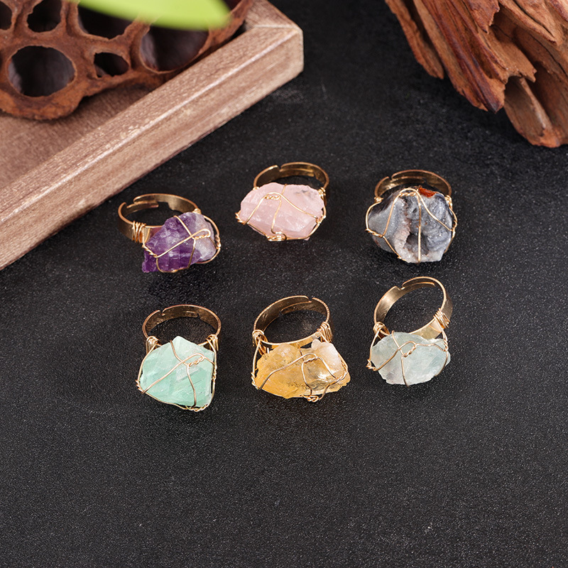 Amazon Crystal Ring Wrapped Around, Asymmetrical Natural Stone Crystal Raw Stone Ring, Fashionable Couple Bracelet Cross-Border