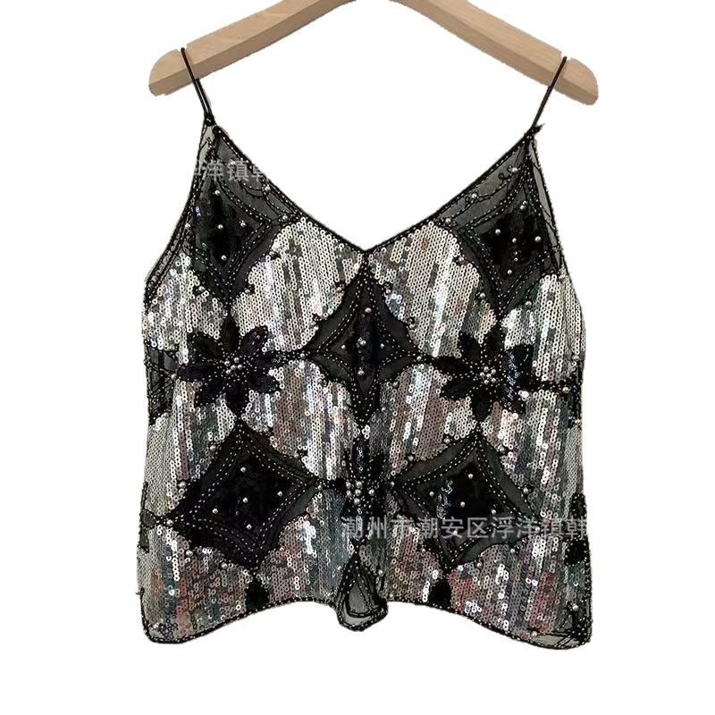 Niche Summer Women's Heavy-Duty Sequined Beaded Sling with Sexy Slimming Look Short V Neck Vest with a Sense of Design and Pure Lust Style