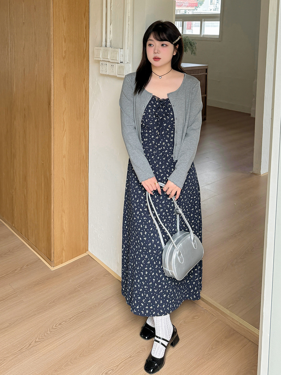 French Spring Long Sleeve Cardigan dress Women's 2025 New plus size Women's Floral Dress with Slip suit 142077