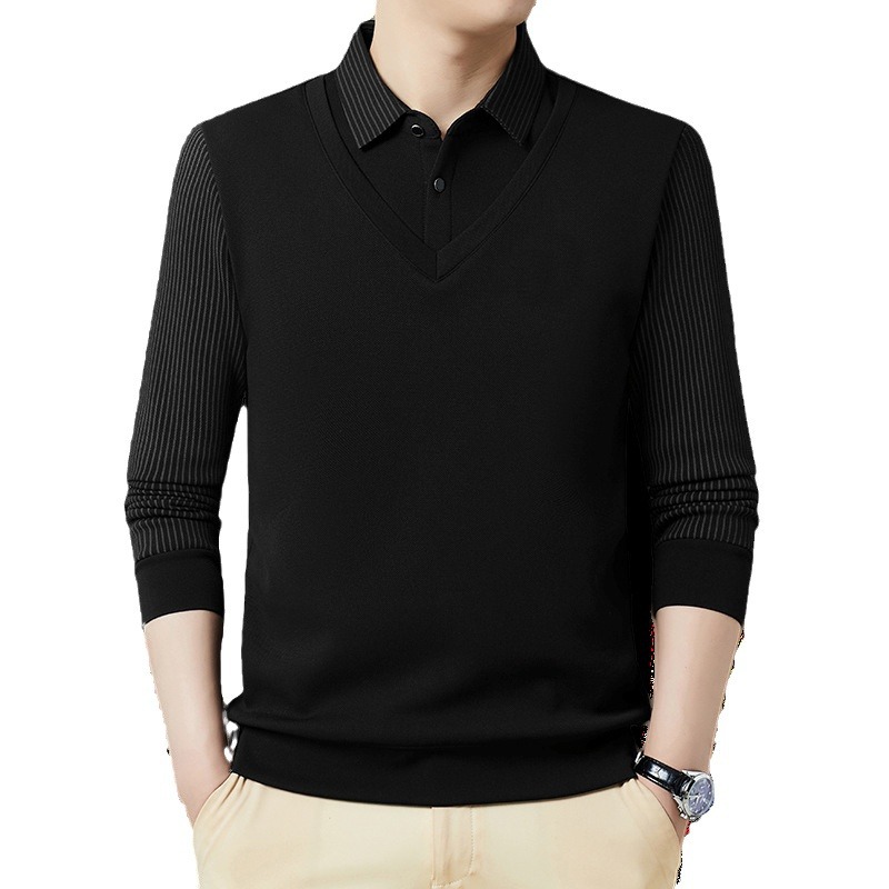 Autumn and Winter Fake Two-piece fleece-lined Thickened High-end Boutique Men's POLO Shirt Middle-aged and Elderly Warm Sweater Men's Turtleneck Shirt