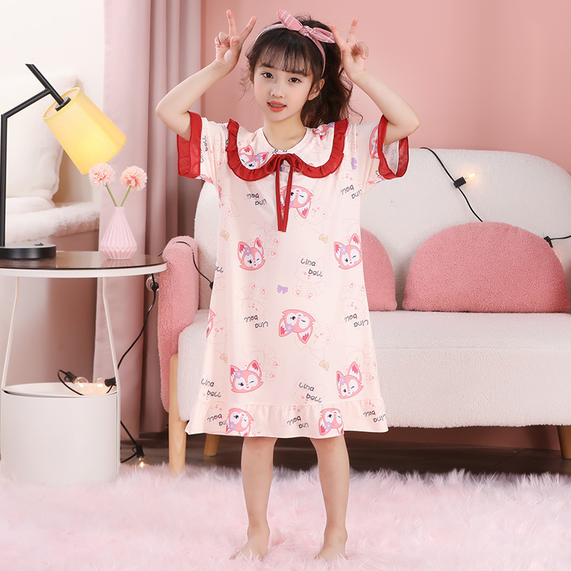Children's pajamas girls' nightdress short-sleeved summer thin children's clothing girls' medium and big children's air conditioning clothes one-piece pajamas summer clothes